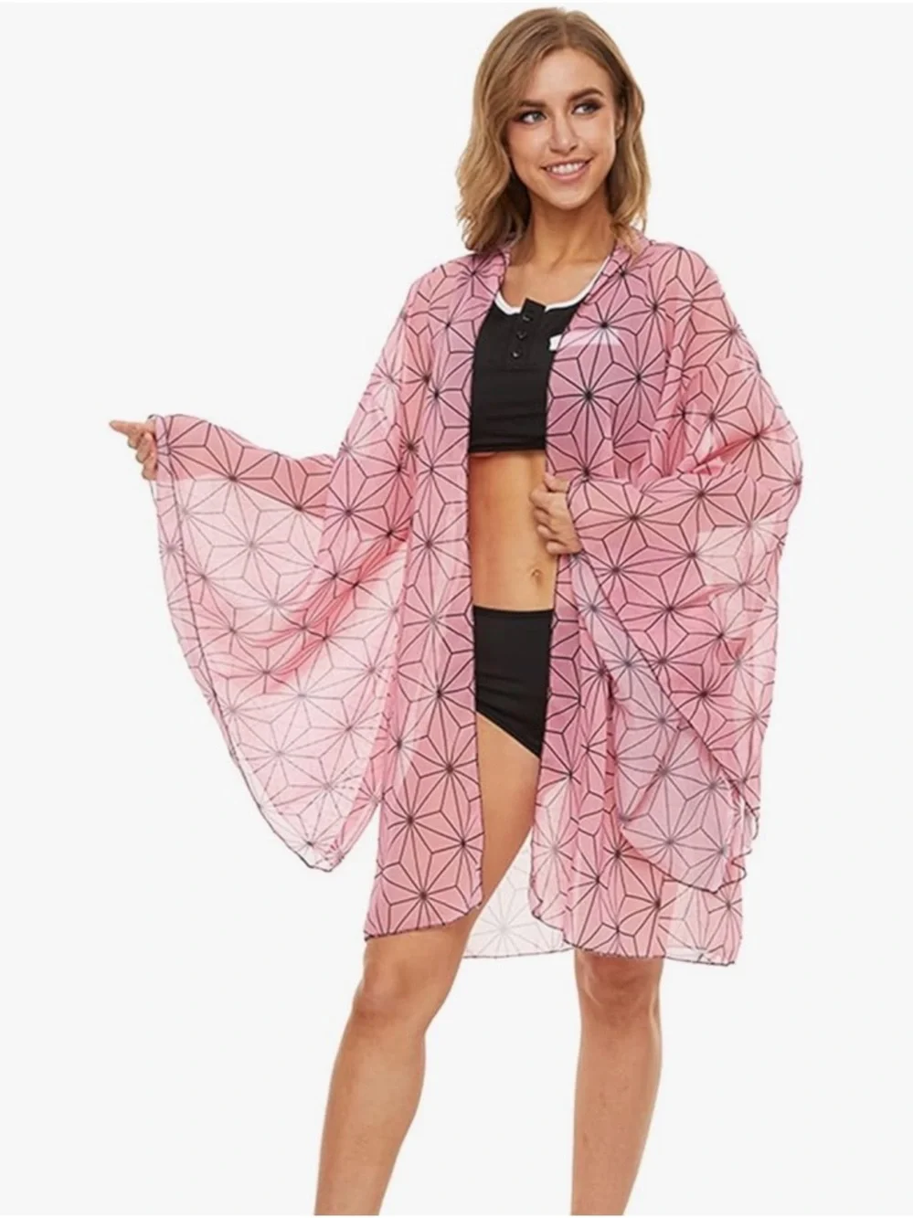 Women's Pink Geometric Swim Cover-Up Kimono - Picture 4 of 6